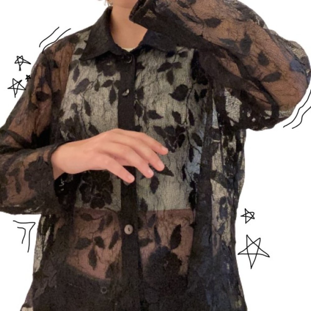 Sheer Gothic Black Mesh See-Through Floral Patterned Button-Up Collared Shirt